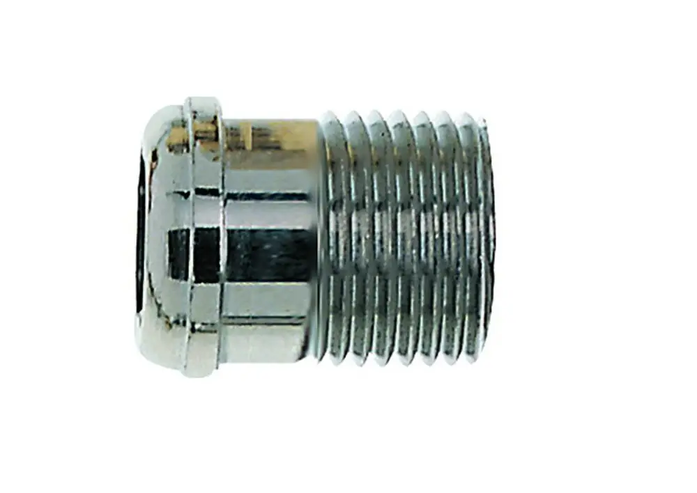 Verchromter Schraubnippel mit Gewinde, hergestellt von IMI Hydronic Engineering. Das Produkt zeigt eine runde Kappe und ein gerilltes Gewinde.